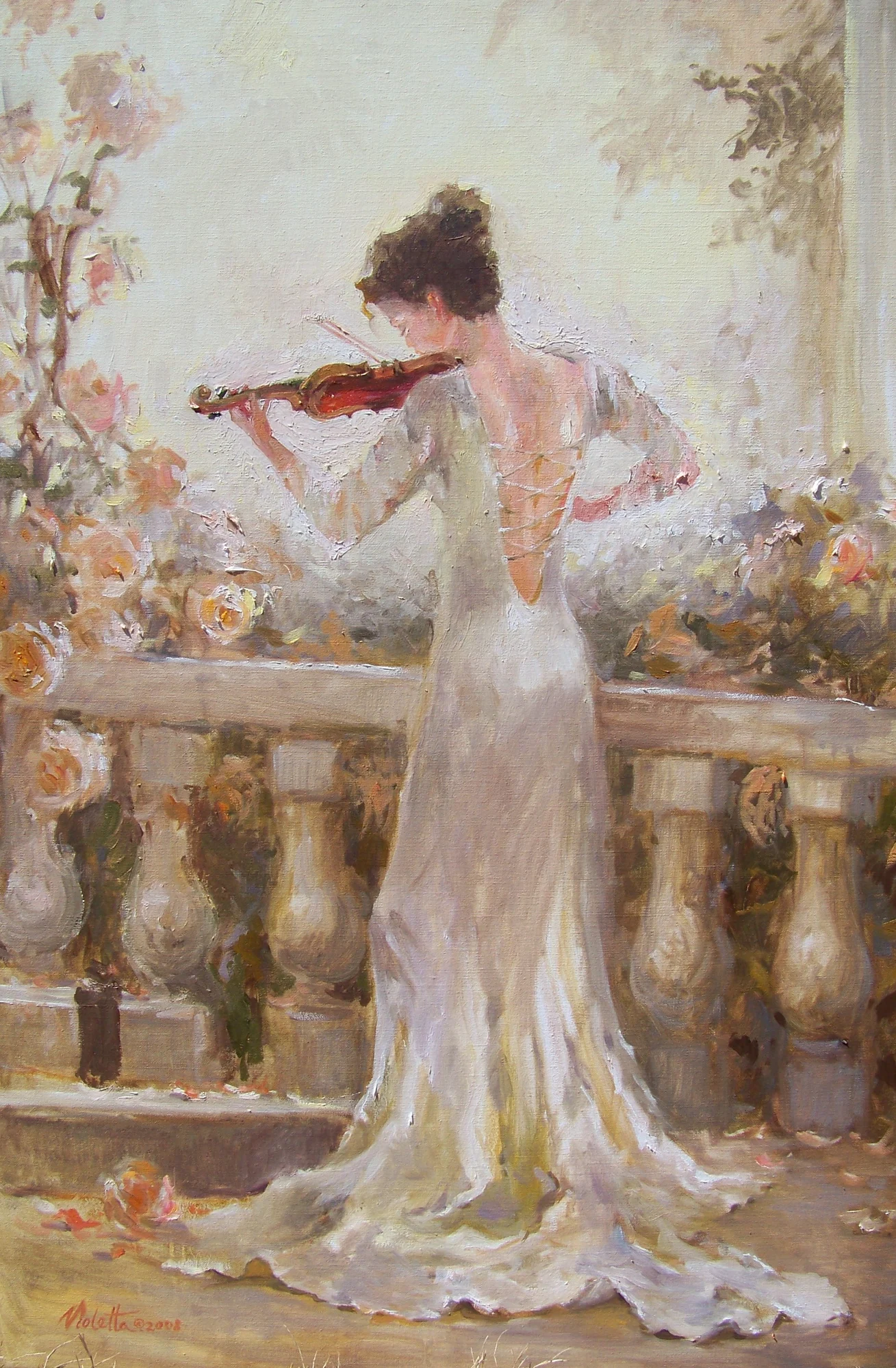 A woman playing violin in a sunlit interior