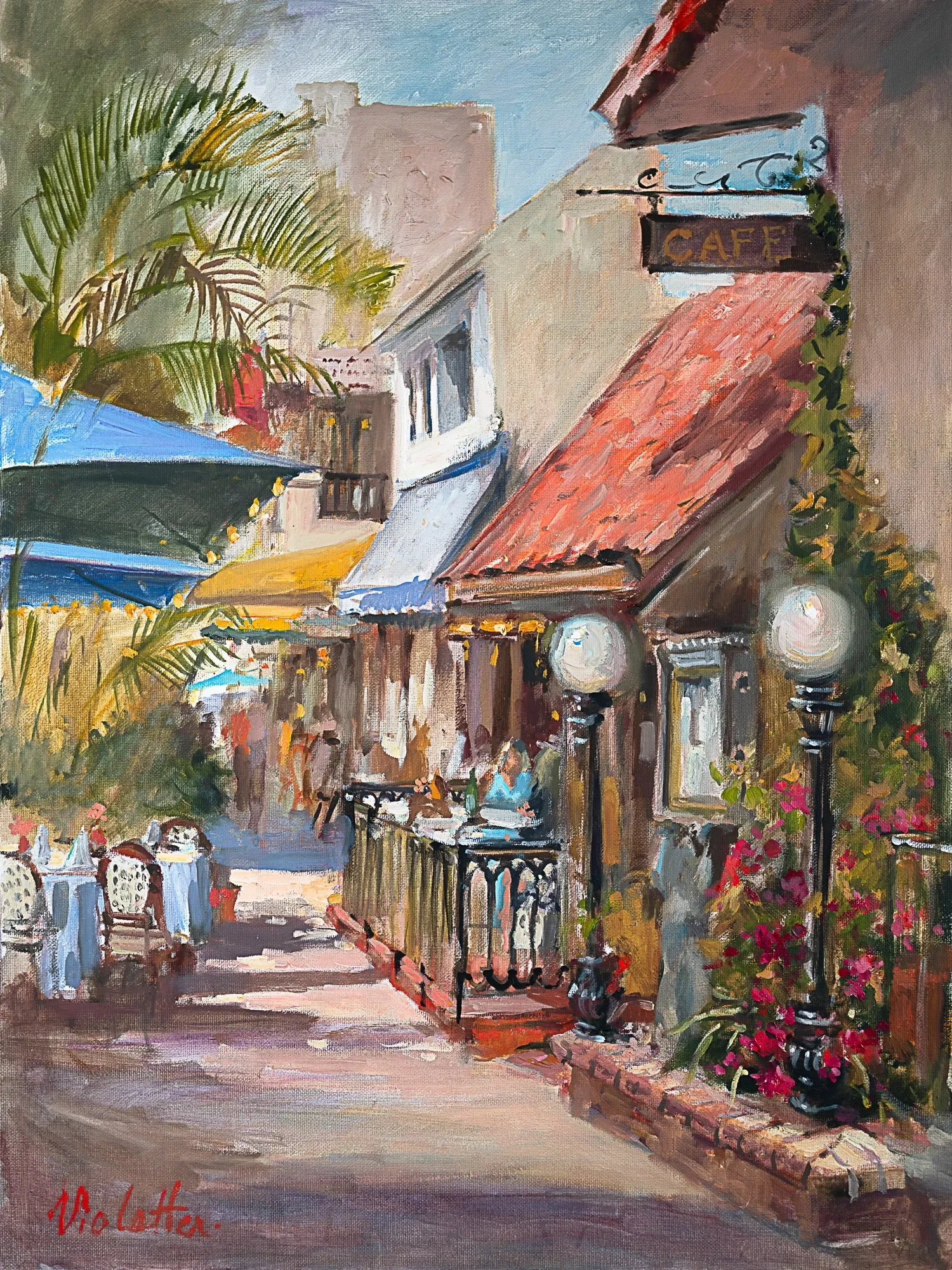 Painting of a café-lined lane with a red awning, palm fronds, and flowering plants