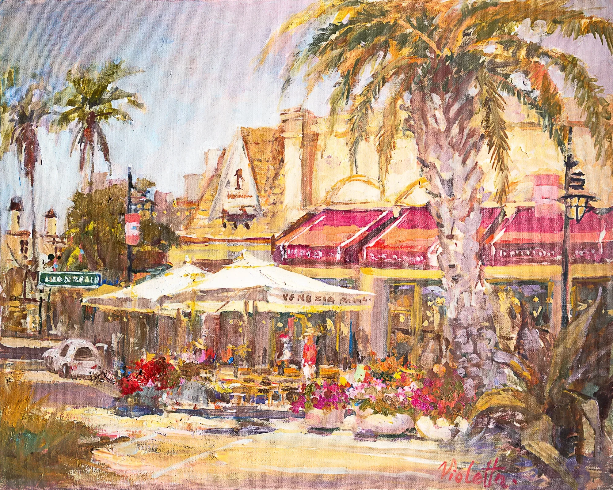 Painting of a sunlit plaza with palm trees, red café awnings, and colorful flowers