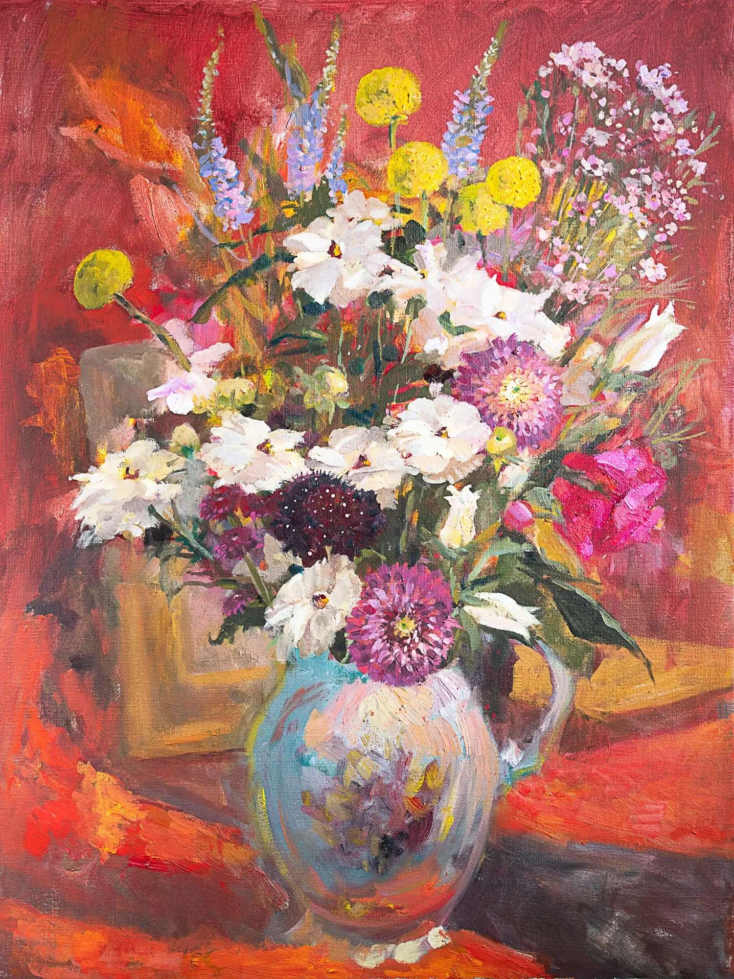 A vase of colorful flowers against a warm red background — painting by Violetta Chandler