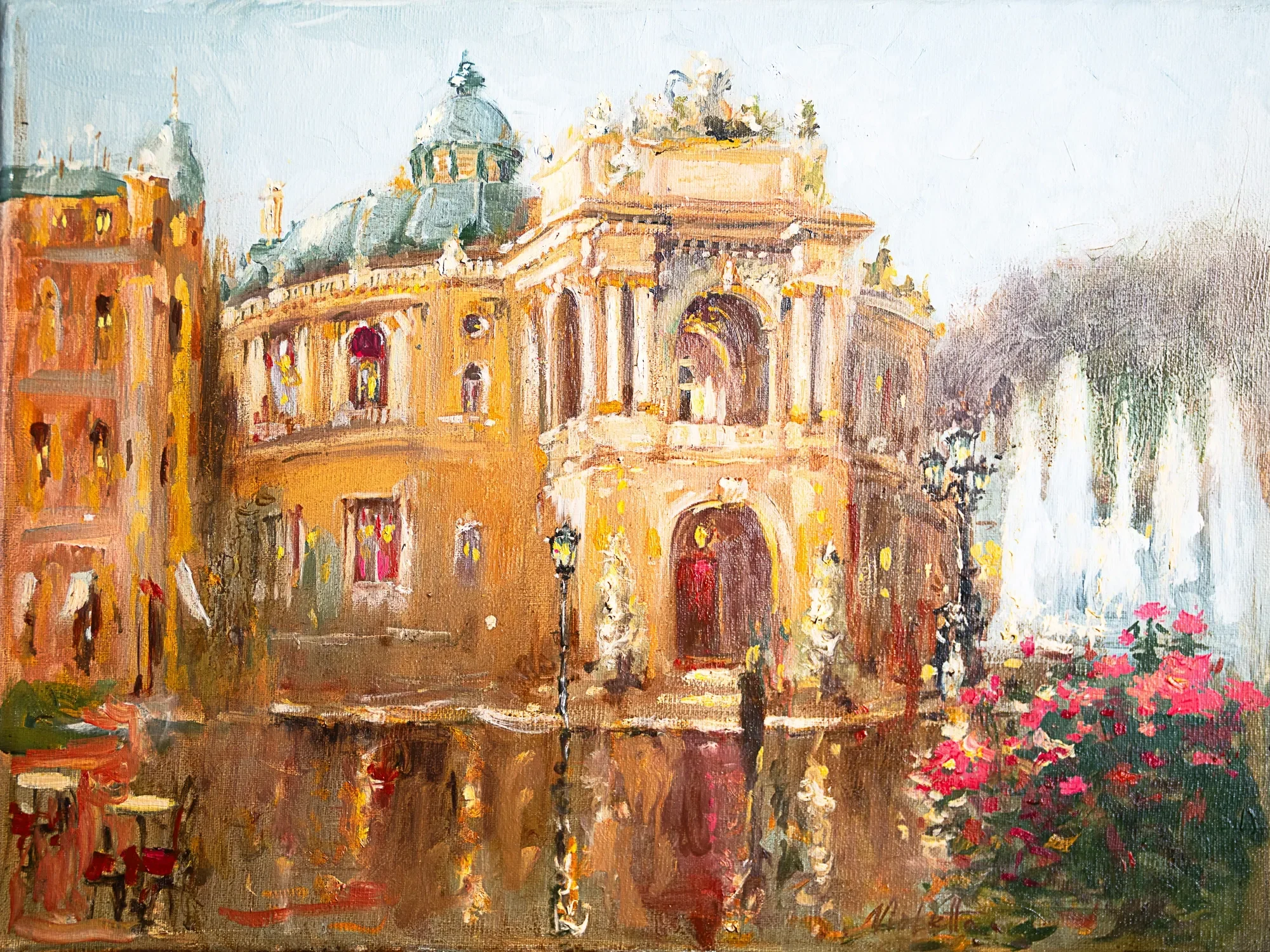 An ornate golden building beside fountains and flowers — painting by Violetta Chandler