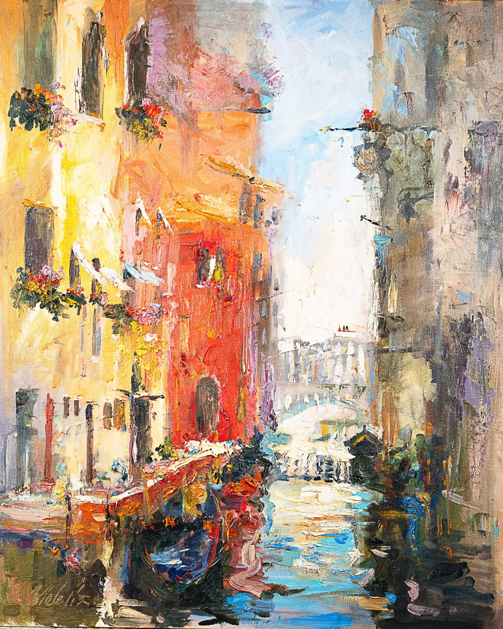 Colorful buildings reflected in a narrow canal — painting by Violetta Chandler