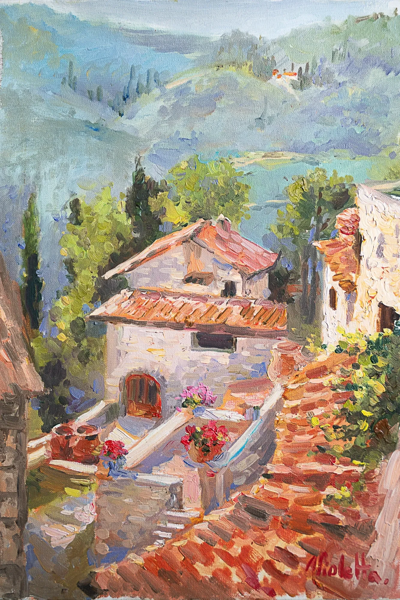 Terracotta rooftops and a stone stairway overlooking green hills — painting by Violetta Chandler