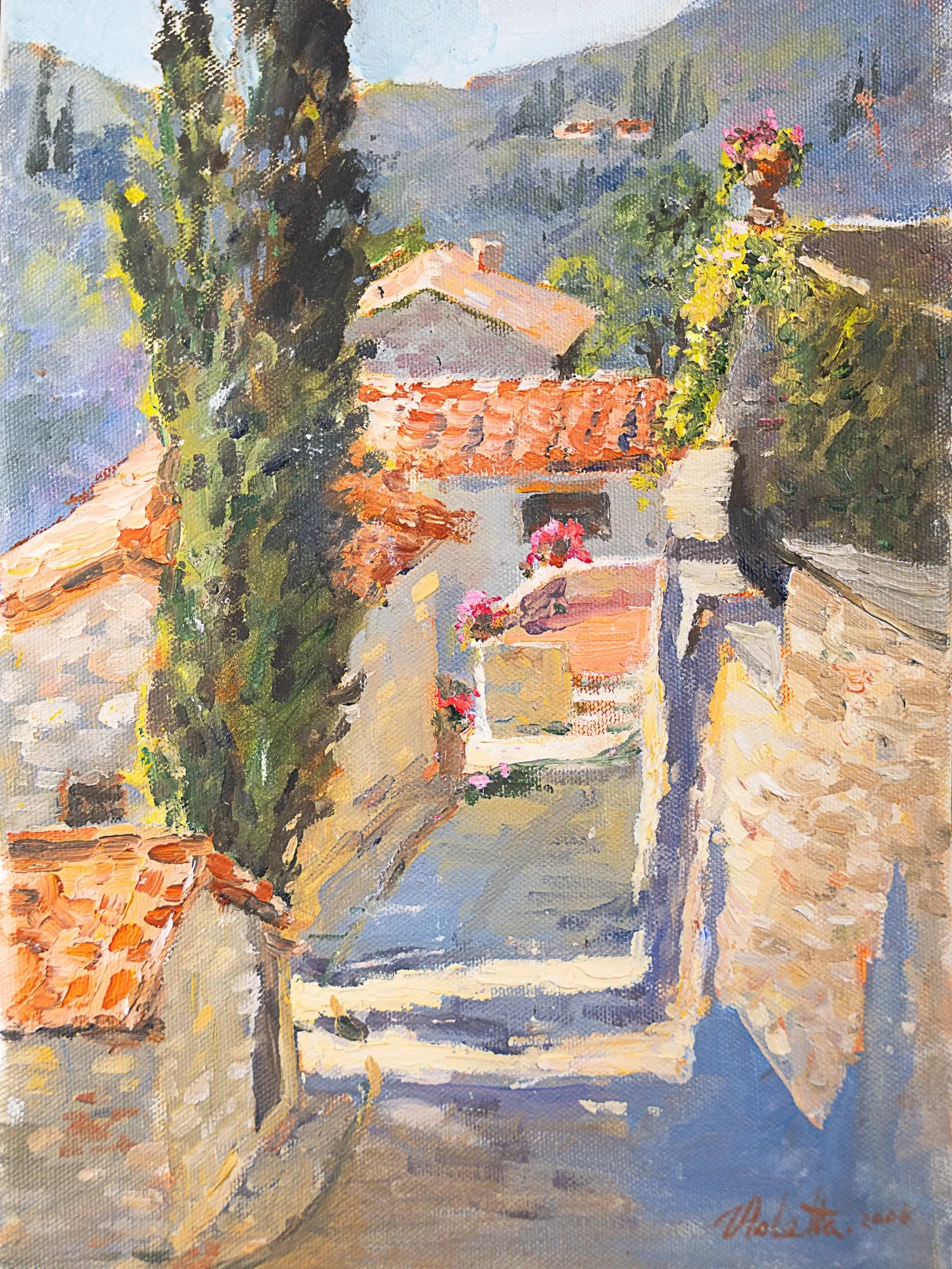A sunlit village lane with cypress trees and terracotta roofs — painting by Violetta Chandler