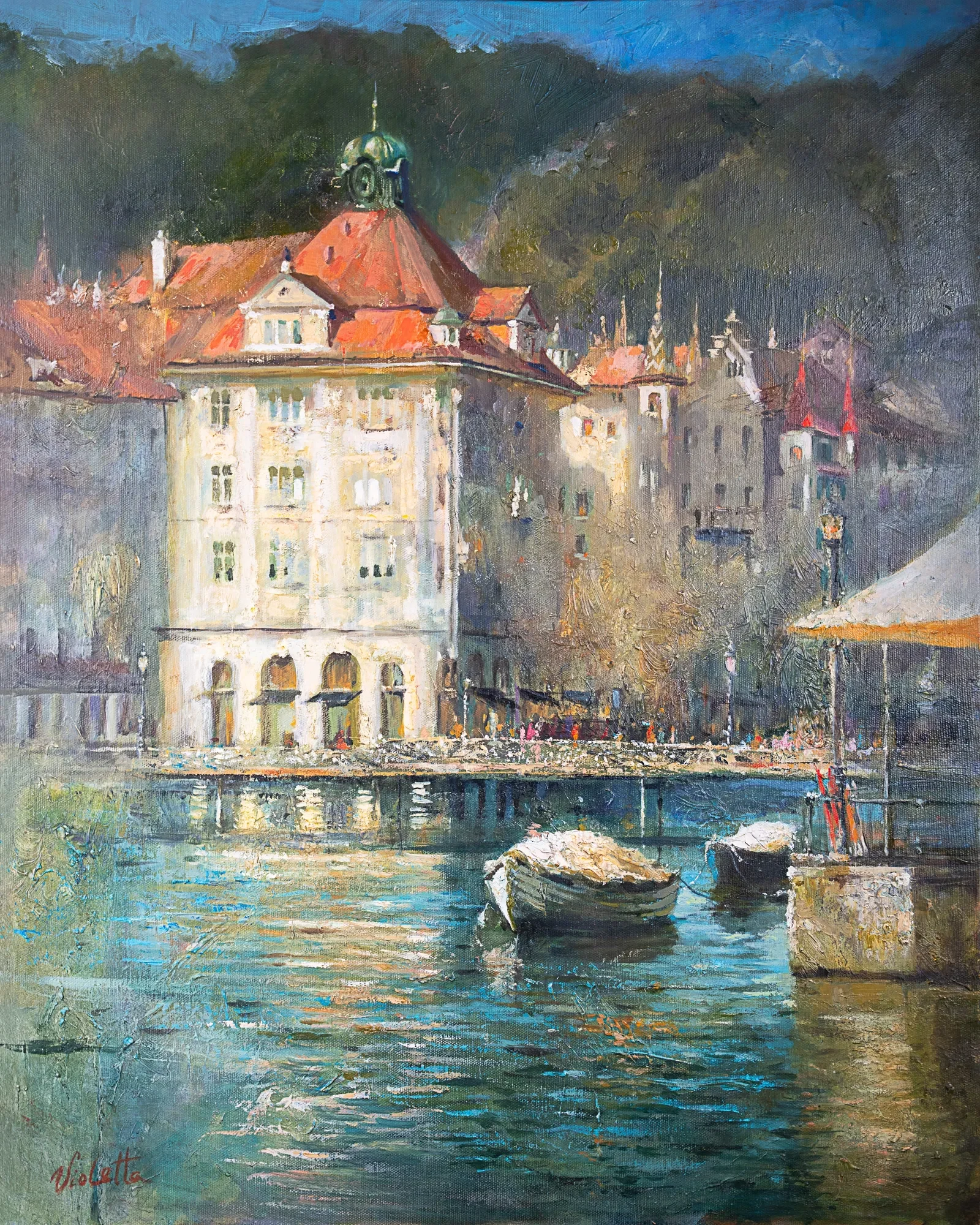 Lakeside buildings with red roofs and boats on the water — painting by Violetta Chandler