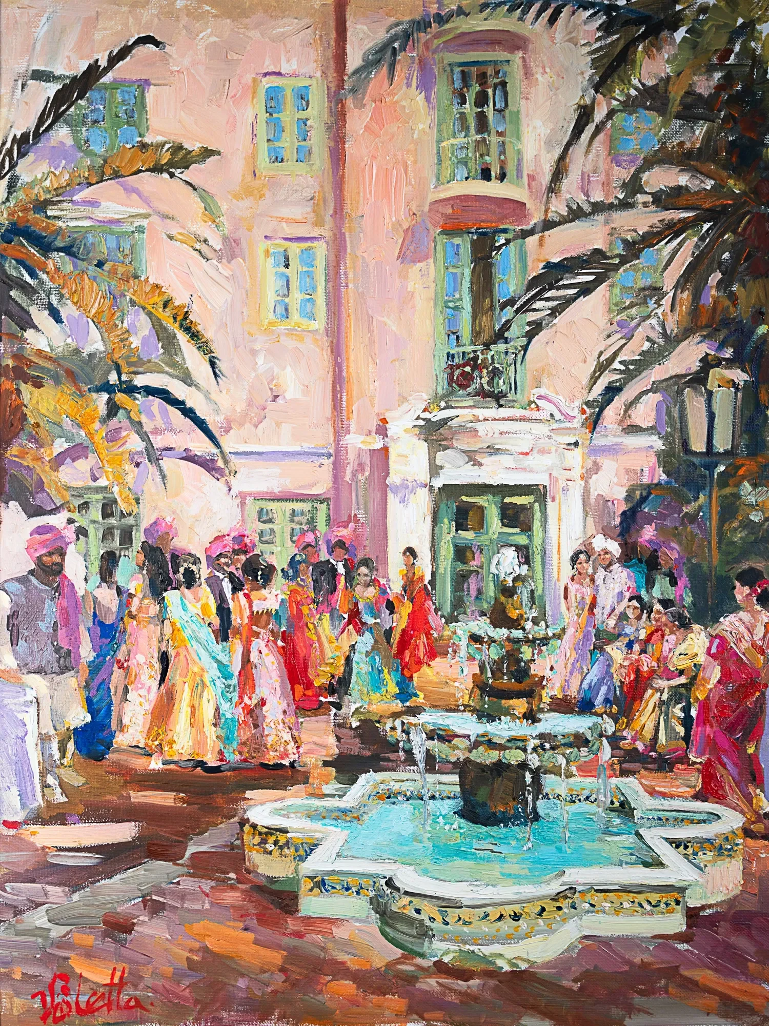 Figures in colorful dress gathered around a courtyard fountain — painting by Violetta Chandler