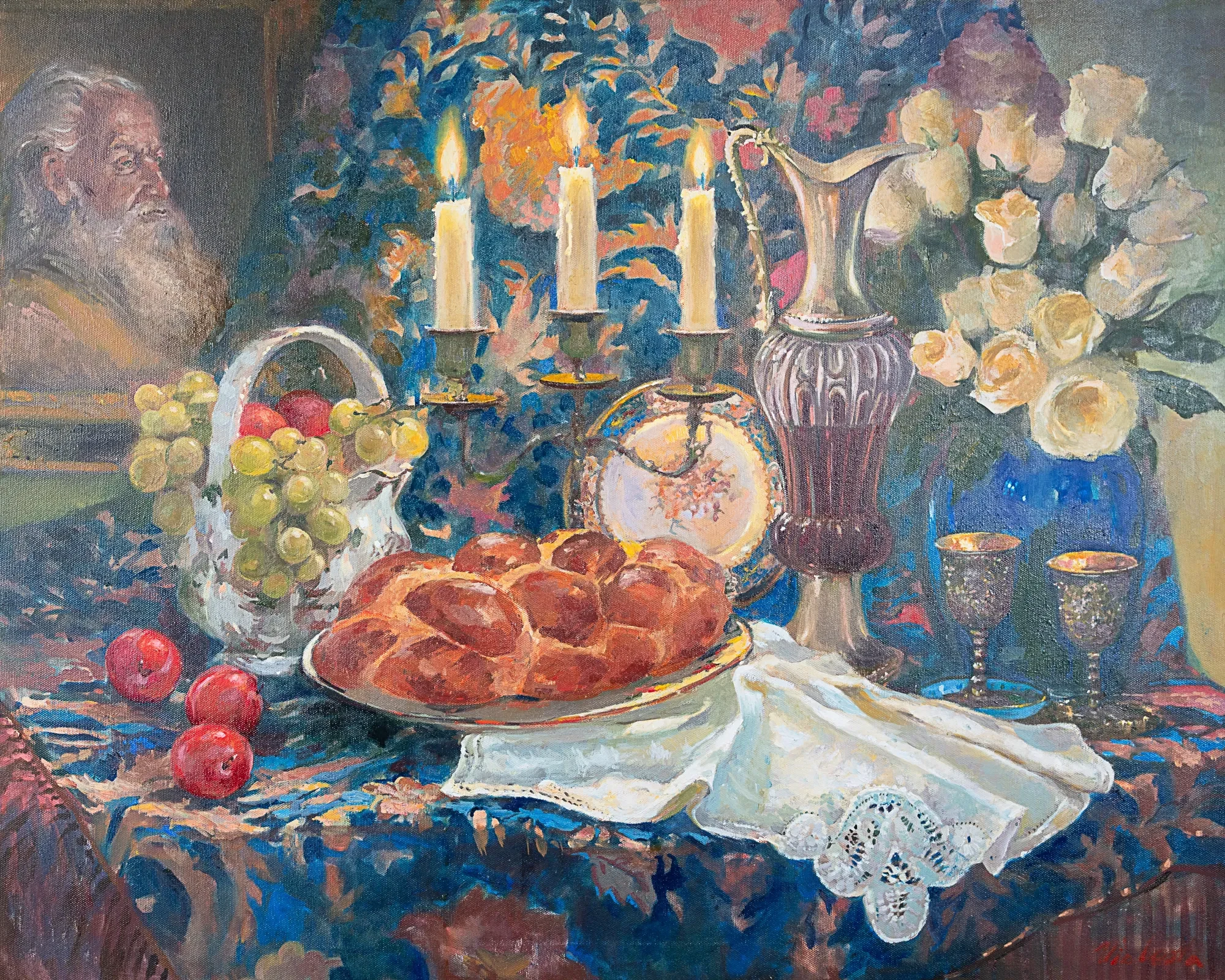 Still life with candles, bread, grapes, and decorative vessels — painting by Violetta Chandler