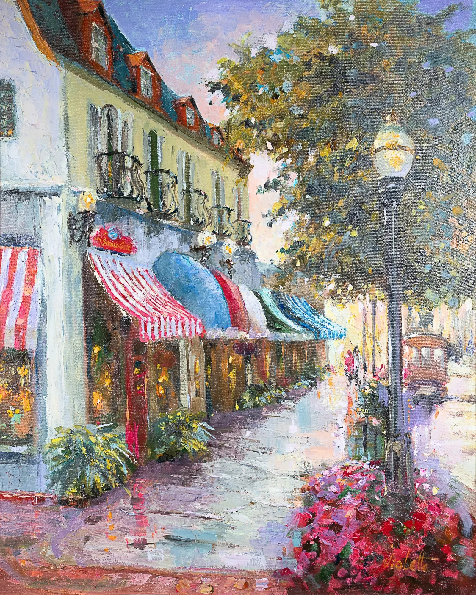Shops with striped awnings, flowers, and a streetlamp — painting by Violetta Chandler