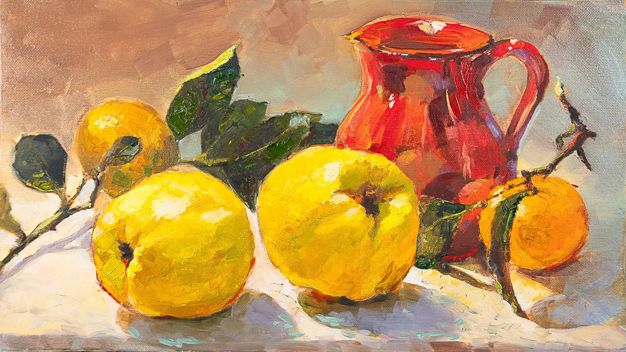 Still life with yellow fruit and a red pitcher — painting by Violetta Chandler