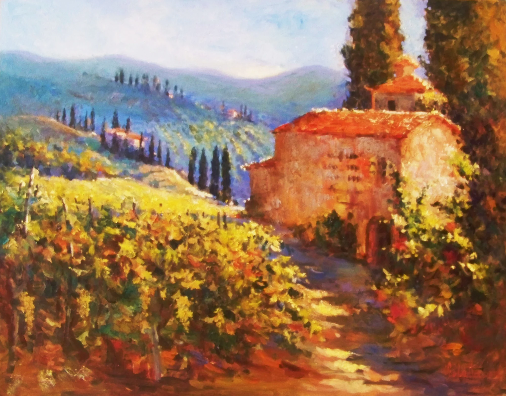 Oil painting of a sunlit hillside, vineyards, cypress trees, and a terracotta-roofed house